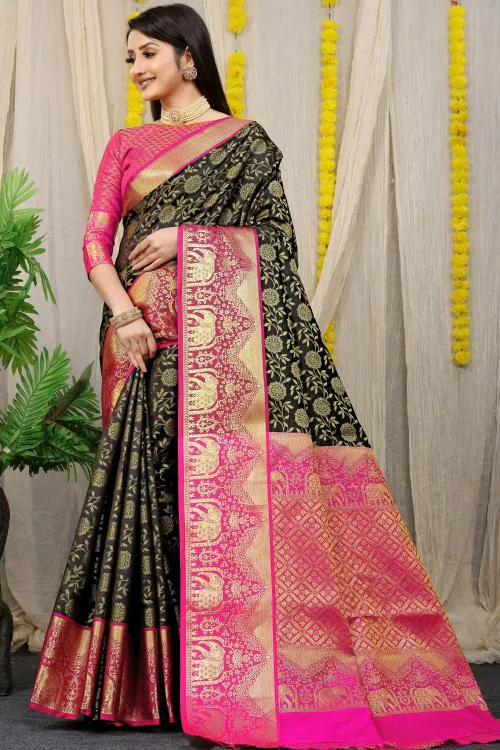 VINNER Silk Blend Jacquard Saree In Magenta Color