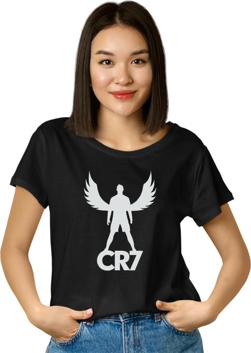 Omneto Women Black Printed Pure Cotton Round Neck T Shirt - M (Omneto_WM8Cr7wBlack_170822_M)