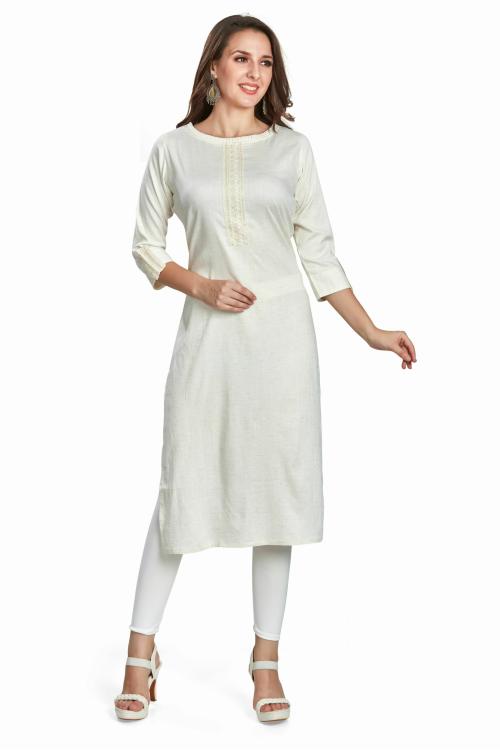 nioni Women’s Straight Kurta with Hand Embroidered, Stretch Stylish Side Cut Kurti for Girls, 3/4 Sleeves (White, XXL)
