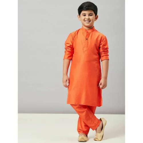 StyloBug Boys Knee Length Solid Kurta Set - Orange