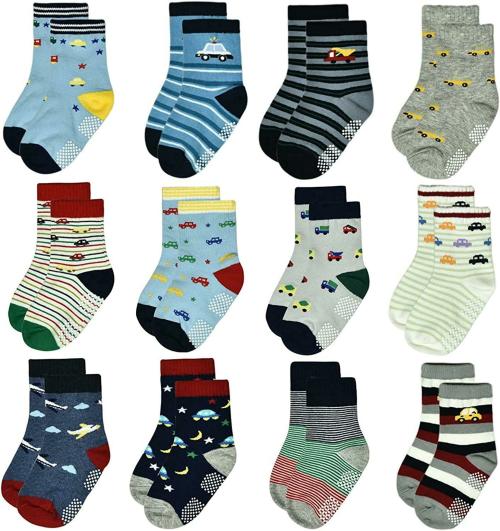 TEDDYIFY 12 Pairs Toddler Non Skid Socks with Grips Anti Slip Bottom, Cotton Non Slip Ankle Crew Socks for Boys, Girls, Kids (Boy, 6-12 Months)