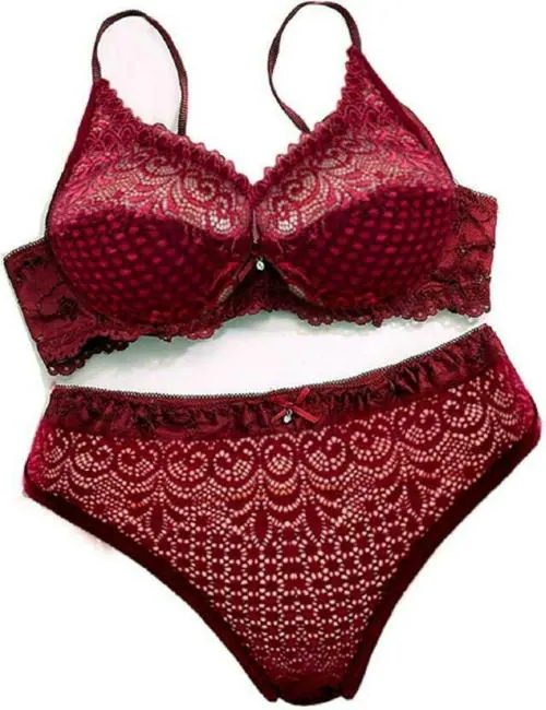 DHANDAI FASHION Women Maroon Self Design Lace Bra and Panty Set