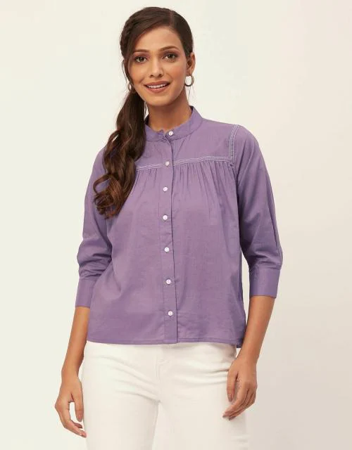 Moomaya Solid Shirts For Women, Mandarin Collar Button Down Cotton Formal Shirt