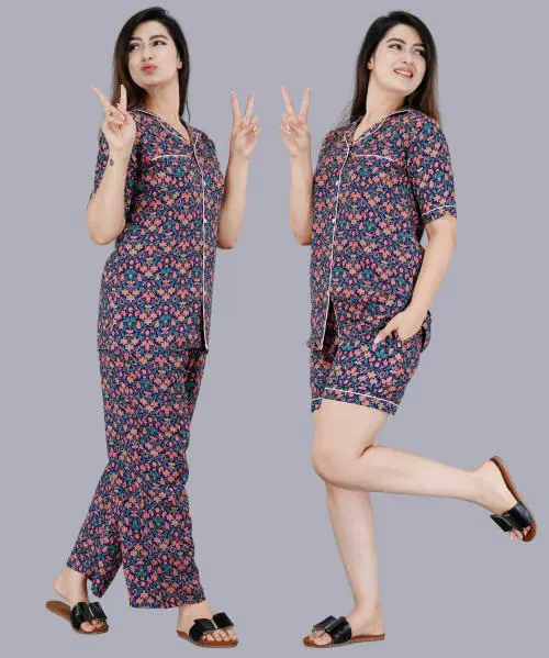 Mintmarie Women's Rayon Printed Blue Nightsuit 3 Piece Set (Shirt, Pyjama & Shorts)-3XL