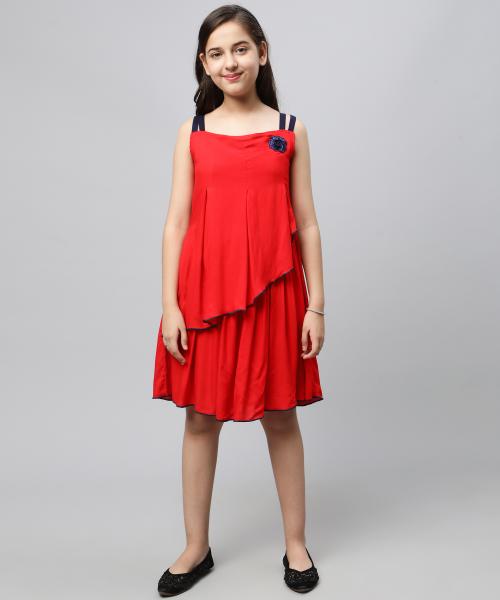 Bollylounge Girls Red Solid Crepe Single Fit And Flare Dress