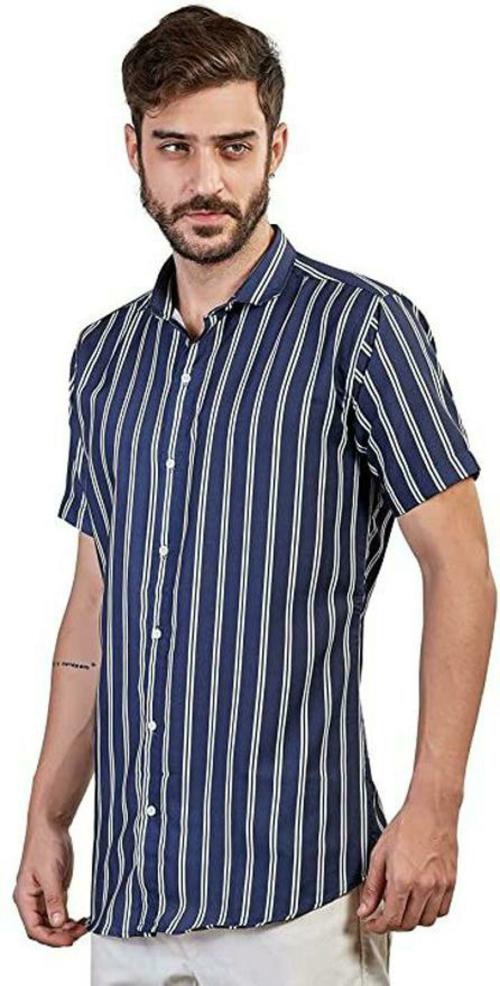 MASTER MARK Men Blue Striped Polycotton Shirt (XL)
