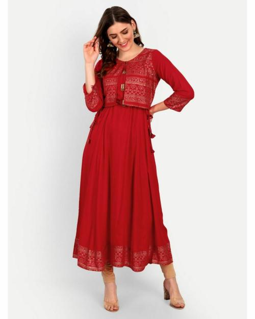 Happy Design Women Red Printed Rayon Kurta