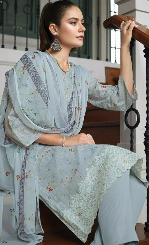 THE JAZZBAAT Unstitched Printed Embroidery Work Cotton Salwar Suits Dress Material with Chiffon Dupatta Unstitched Dress Material For Women (Grey) (CBelFlore_5)