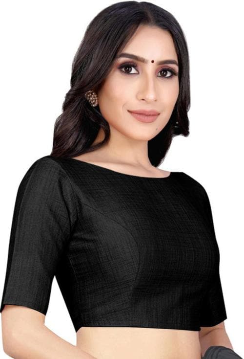 Desimisskart Women Black Solid Satin Blend Boat Neck Blouse (38)