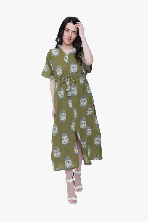 JIRON Womens Olive Green Buddha Block Print Cotton Kaftan Maxi Dress