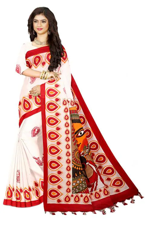 Durga Puja Special Edition Saree Pure Cotton Printed ( Red & White )