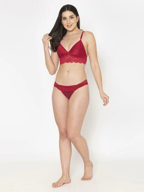 Clovia Red Solid Lace Single Bra Bralette & Bikini Panty Set
