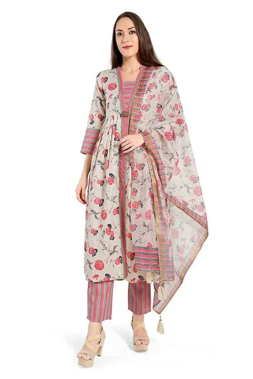 Madhuram Textiles Women Off White Printed Cotton Anarkali Kurti Set