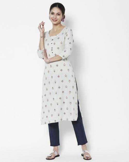 VEDIC Women White Floral Cotton Straight Kurta (XL)