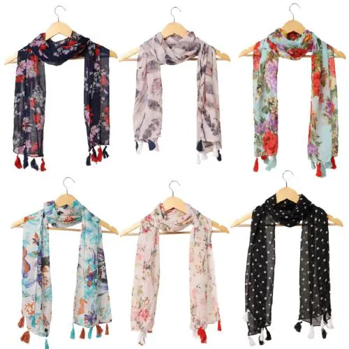 RIDDLE NEEDLE Women's Printed Chiffon Multicolored Scarf and Stoles with Tassels - Set of 6