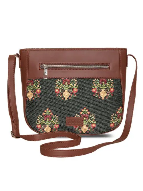 Zouk Women's Handcrafted Royal Green Mogra Printed U Shaped Sling Bag