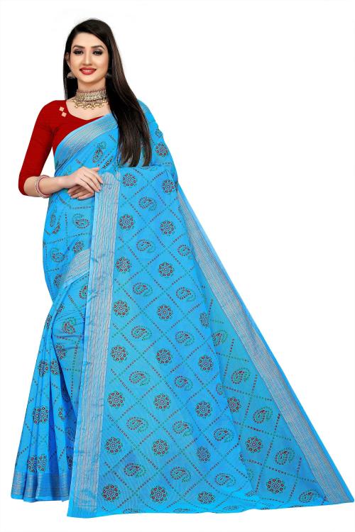 sareya veela Bandhani Women Blue Printed Cotton Linen Sarees