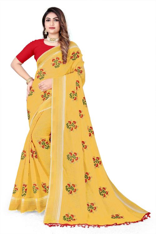 SE ShiVAdit Ethnic Women Yellow Embroidered Cotton Linen Chanderi Saree