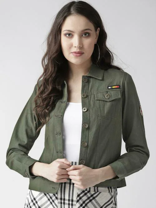 Style Quotient Women Olive Green Solid Denim Jacket