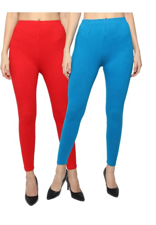 KEX Red White Solid Cotton Ankle Length Legging Combo Legging Combo Girls Legging Combo Ankle Legging Combo