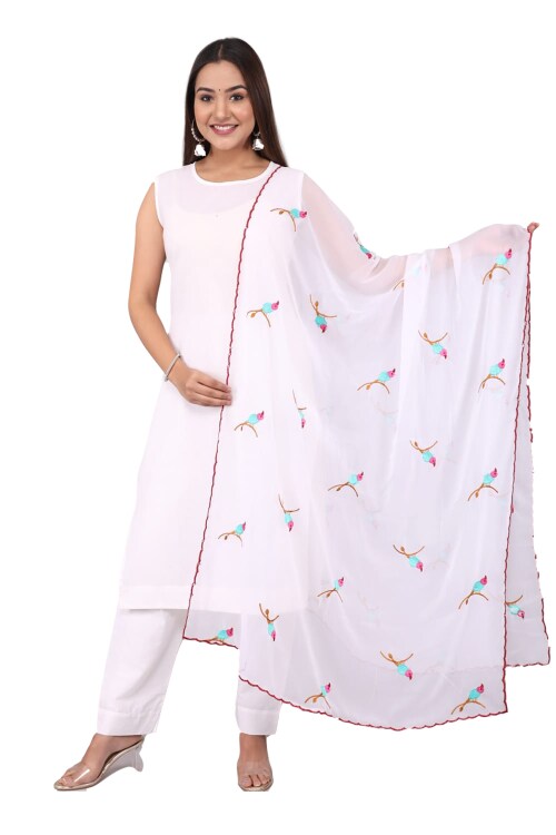 Clickedia Womens Fully Stitched Cotton Straight Cut Kurti with Pants and Dupatta with bird contrast embroidery and scalping Jaipuri Salwar Suit