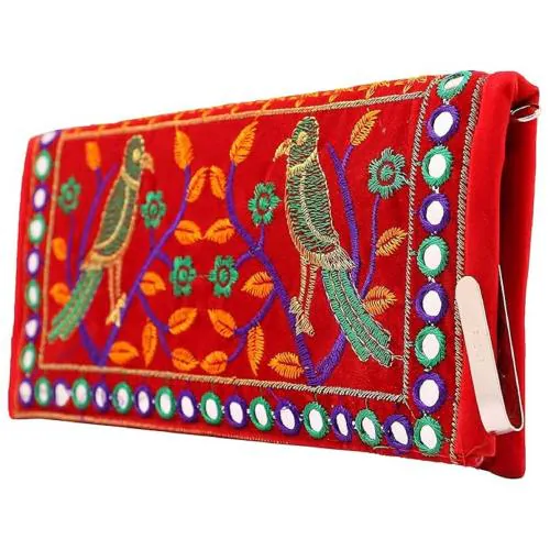 Lify Clutch Bags for Women Rajasthani Embroidery Mirror Work Ethnic Wallet and Purses for Girls - Red