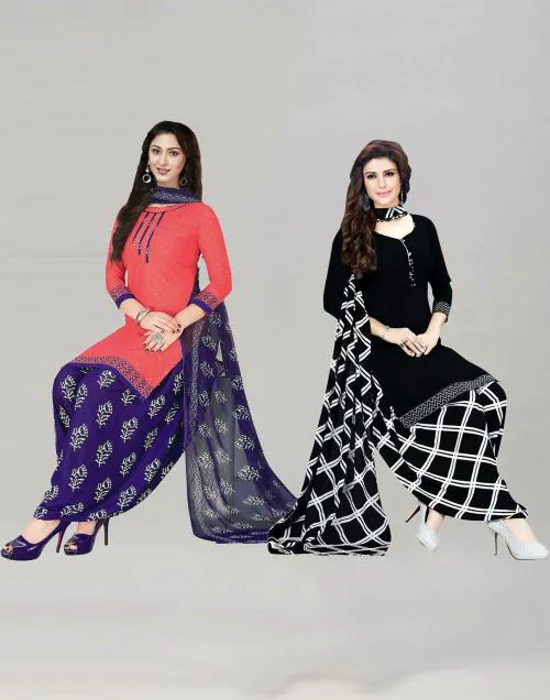 Siril Women'S Crepe Fabric Carrot Pink & Black Colour Unstitched Combo Printed Salwar Suit Dress Material