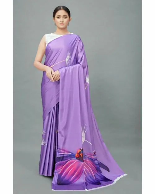 Happy Design Women Purple Printed Satin Saree