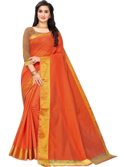 Leeza Store Women's Rust orange Cotton Blend Kerala Kasavu Solid Plain Golden Zari Border Saree With Blouse Piece