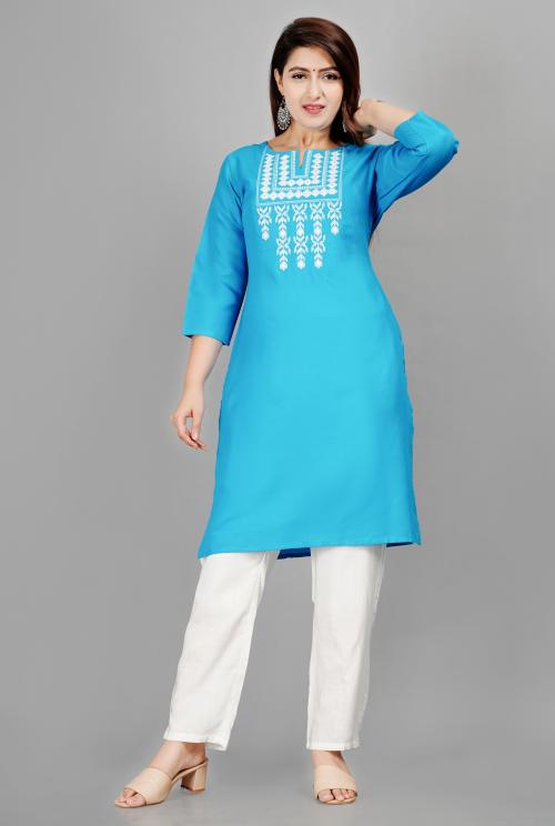 SIPET STYLISH BEAUTIFUL WHITE EMBROIDERED STRAIGHT KURTA AND PANT SET FOR WOMEN AND GIRLS| 3/4TH SLEEVES STRAIGHT HEM CASUAL WEAR AND PARTYWEAR SKY BLUE KURTA SET IN RAYON FABRIC