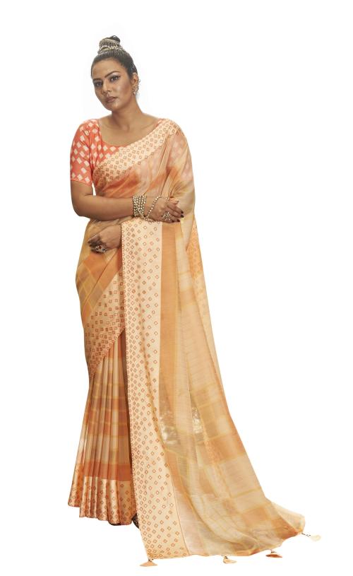 TRIVENI Peach Organza Abstract Printed, Foil Embellished Saree