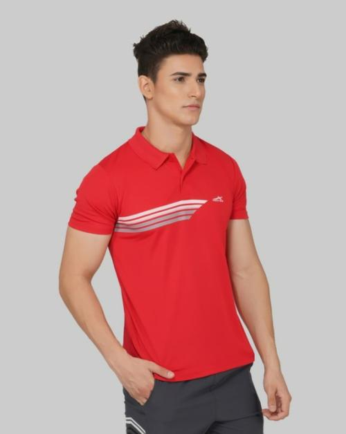 VECTOR X Men Red Striped Polyester Polo Neck T-shirt
