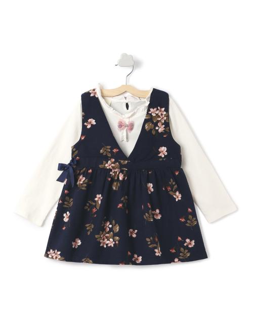 Hopscotch Baby Girls Cotton And Polyester Floral Print Top And Dress Set In White Colour For Ages 12-18 Months (XXC-1948341)