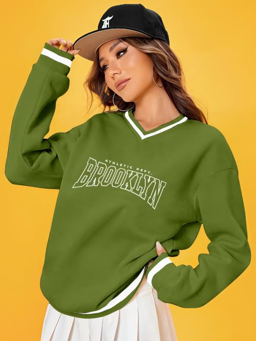 AUSK Printed Olive V-Neck Full Sleeve T-Shirt