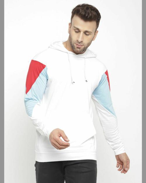 Gritstones Men Hooded Full Sleeve White Color Block Kangaroo Pocket Cotton T-Shirt