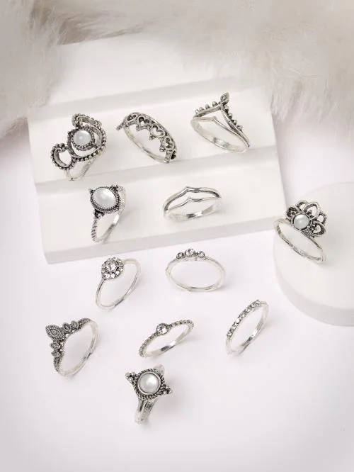 Scintillare by Sukkhi Adorable Stylish Rhodium Plated Non Precious Base Metal Oxidised Silver Boho Finger Rings for Women & Girls | Combo Set of 12 | Midi Stackable Rings|CBR106780