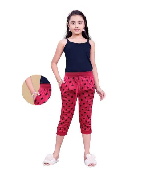 Little Funky 100% Pure cotton Polka printed pattern trendy 3/4th Capri pants Trendy attractive red color for Cutiepie Girls