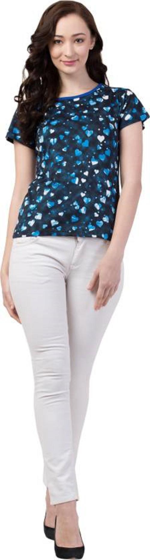 Delux Look Casual Puff Sleeves Printed Women Dark Blue Top-XL