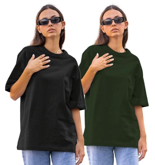 Reifica Women Black, Olive Green Cotton Pack Of 2 Oversized T-Shirts (Xl)