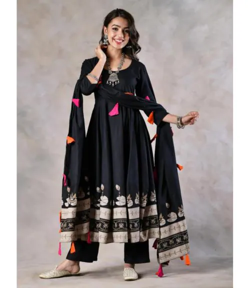 Jaipuri Bunaai Women's Black Rayon Flared Kurta And Palazzo With Dupatta Set, XL
