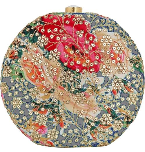 Tooba Handicraft Grey Silk Women Designer Clutch Bag With Chain Strap