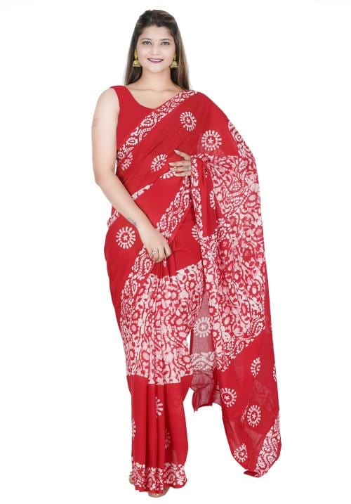 BL Bhavya Lifestyles Jaipuri Hand Block Batik Printed Pure Cotton Saree with unstitched Blouse (Red)