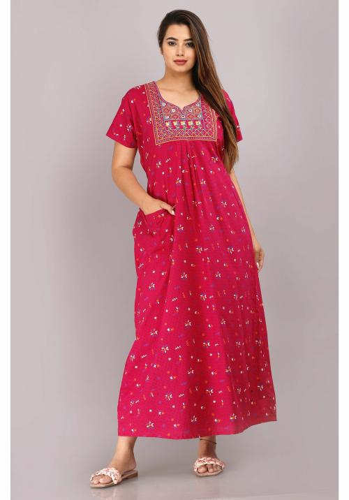 Shri Krishna Fabric Women's Cotton Printed Embroidered Regular & Relaxed Fit Nightdress/Maxis