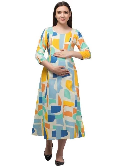 Zuvino Women Blue Abstract Print Maxi Length Maternity Dresses