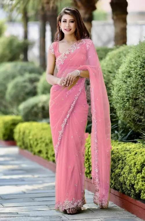 Tapovan fashion Soft Net Sari Fancy Work With Hand Work And Blouse Fancy Work For All Occasion Sari (Light Pink)
