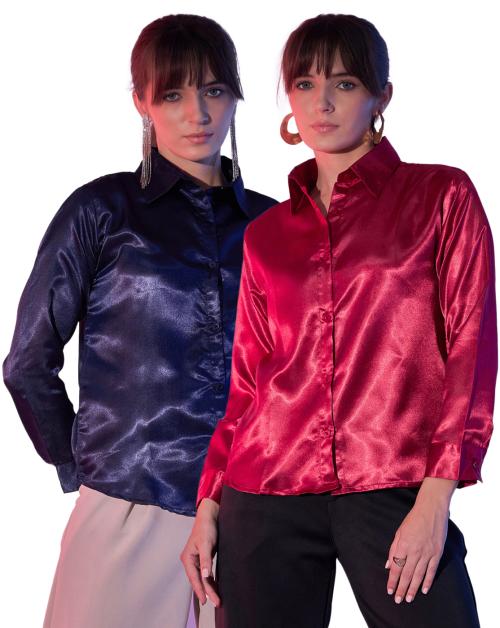 Dimpy Garments Navy Red Regular Fit Women's Lustrous Full Sleeve Satin Formal Shirts |Chic Comfort Shirt Combo-Pack of 2