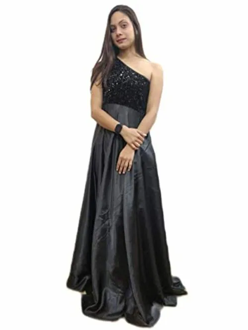 TILISM Women Black Satin One Shoulder Gown Dress - XS