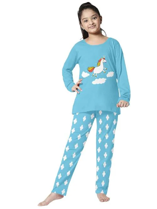 FUNKRAFTS Blue Unicorn Printed Cotton Night Dress for Girls for 8-9 Year