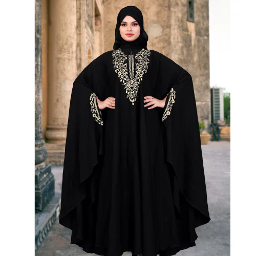 BHUMIFAB Latest designer abaya with embroidered for women Crepe Solid Abaya With Hijab (Black)