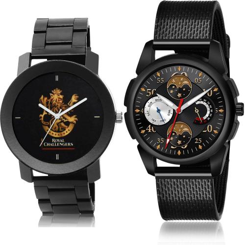 TIMENTER Contemporary Traditional Royal Challengers Bangalore Squad (Rcb) Ipl Chain Black Colour Analog Metal And Plastic Belt 2 Watch Combo For Boys And Men - IPL16-(49-S-10)